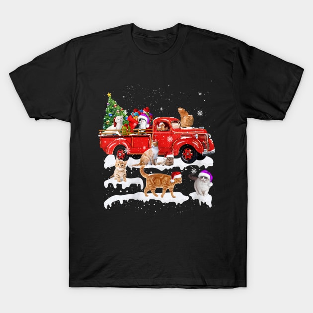 Cat Riding Red Truck Merry Christmas Kitten T-Shirt by MonataHedd